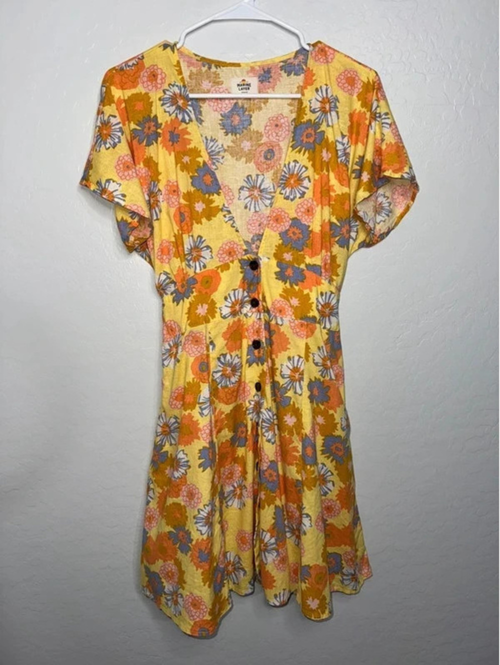 Marine Layer Camila A-Line Minidress in Yellow Vintage Floral Print Size Medium